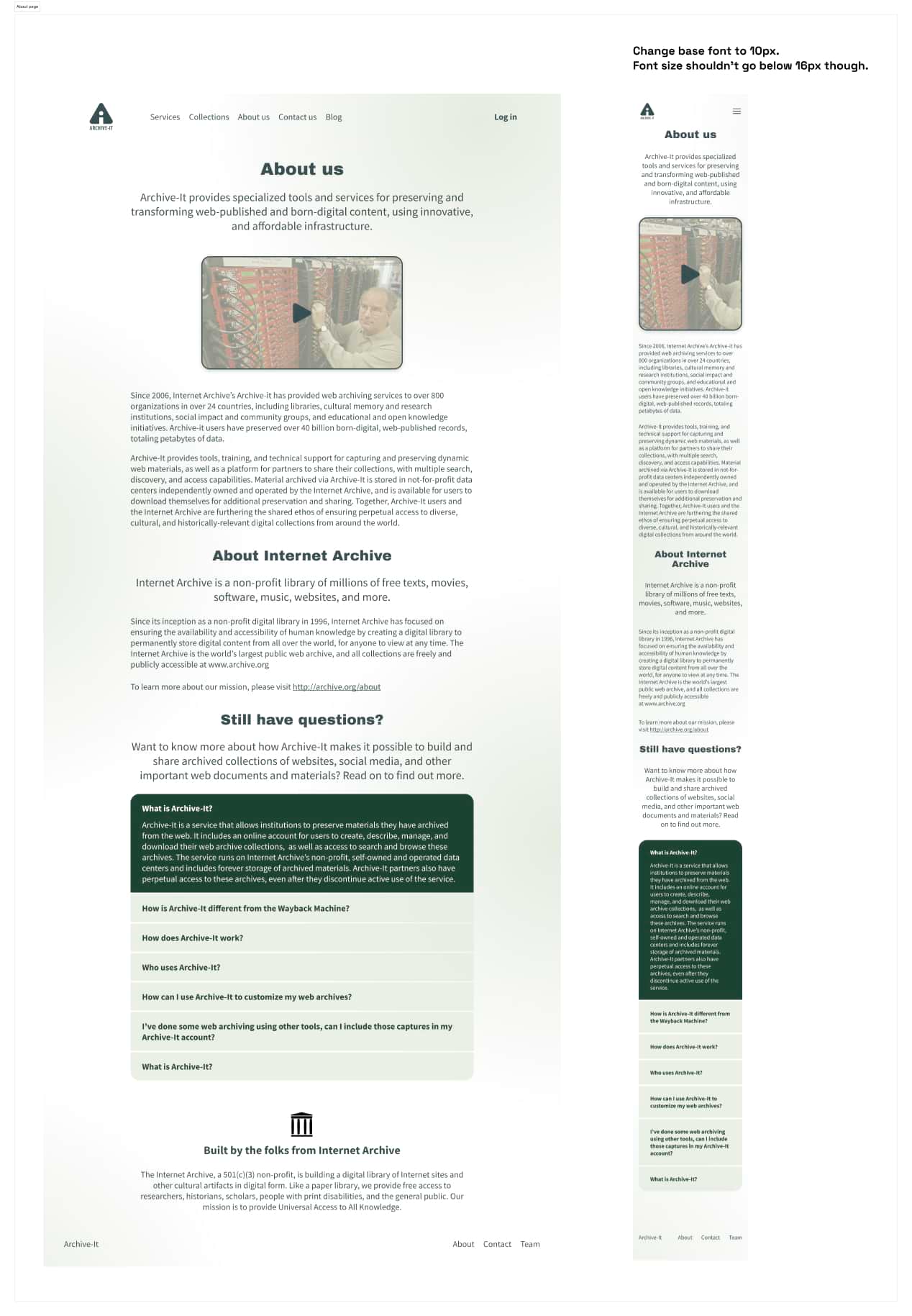 A mockup showing the about page of Archive It which includes the history of Internet Archive.
