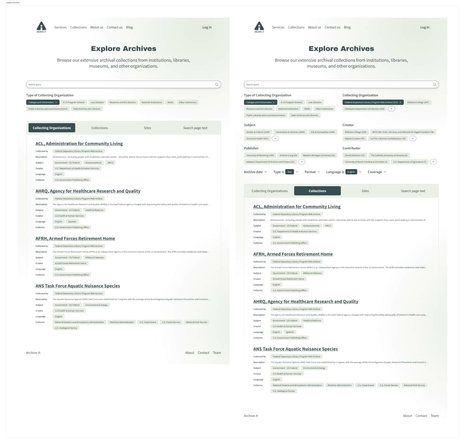 A mockup showing a complex search function that lets people filter through the various archives stored on Archive It