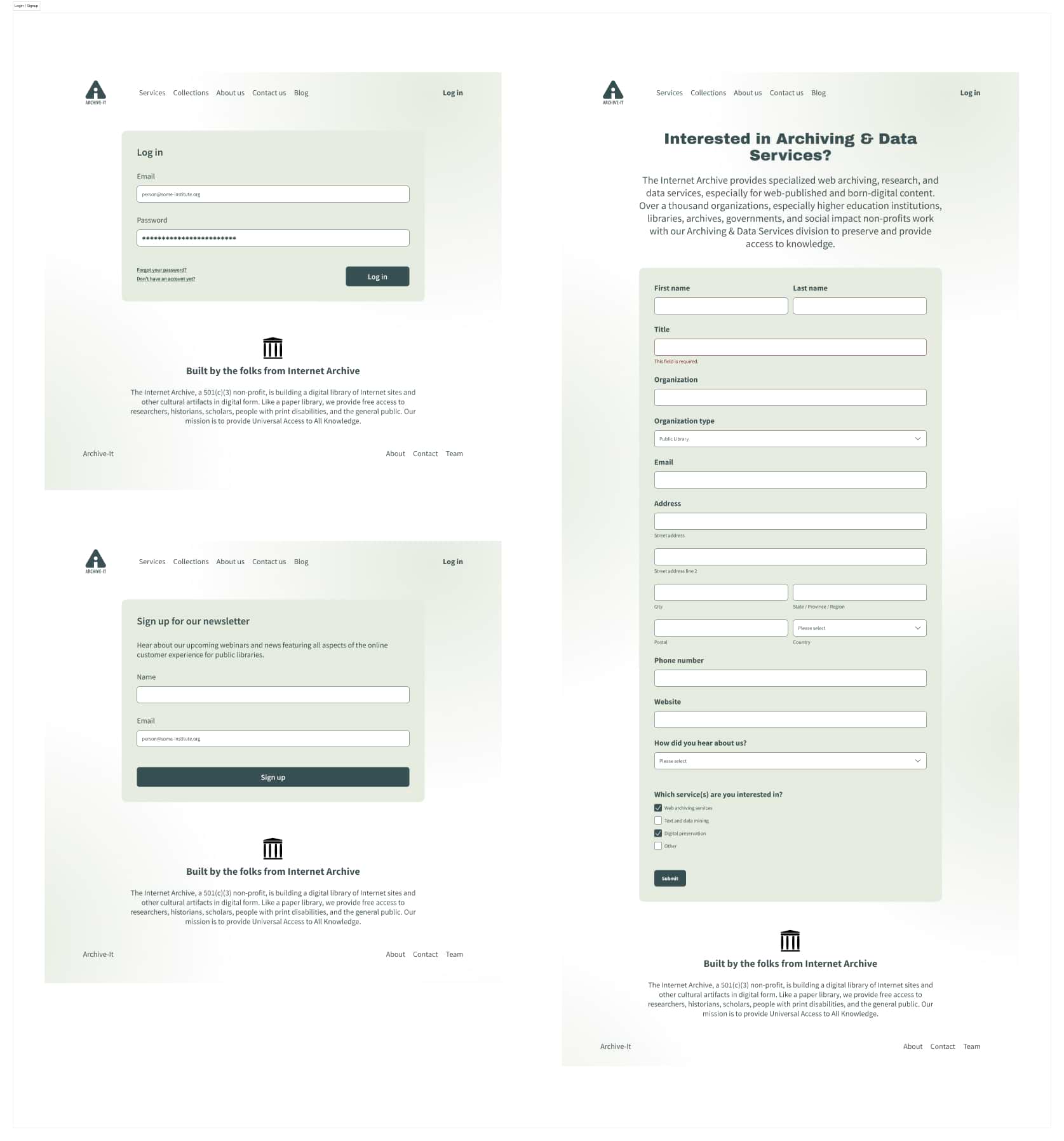 A mockup showing the different forms on the website.