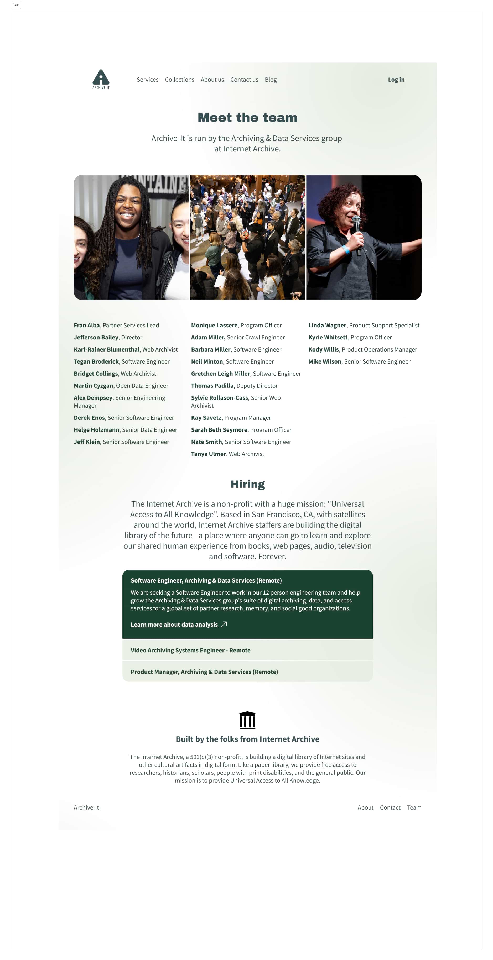 A mockup of the team page that shows the people involved in the project.