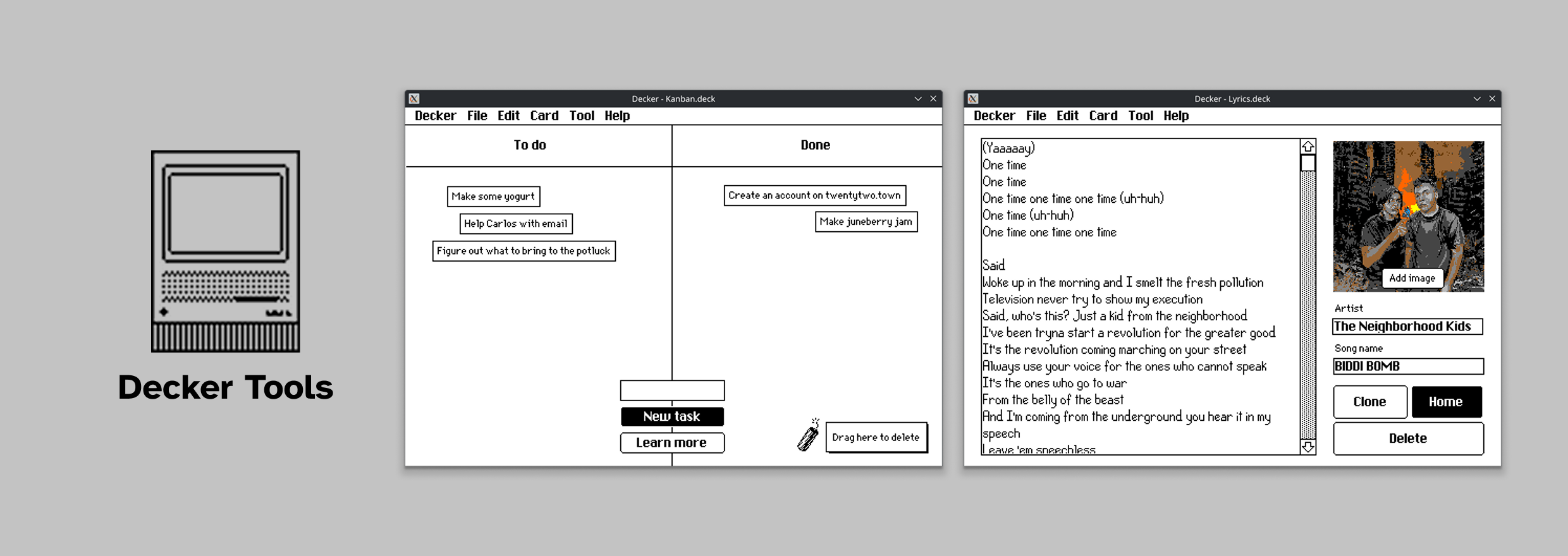 The banner of the app showing a screenshot of the kanban tool and the lyrics tool