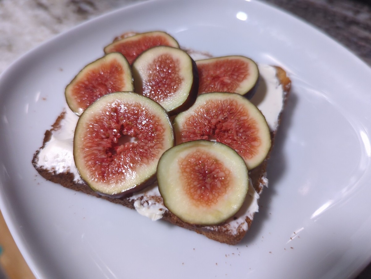 Toasted bread with labaneh and sliced figs on top of it