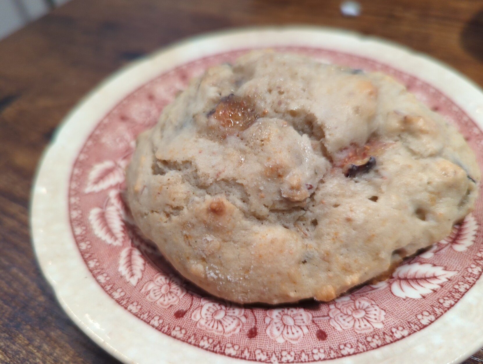 A close-up picture of a scone and you can see some reddish fig chunks in it