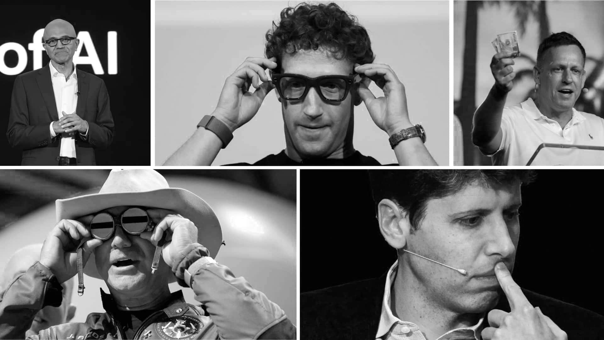 Photos of Satya Nadella, Mark Zuckerberg, Peter Thiel, Jeff Bezos, and Sam Altman