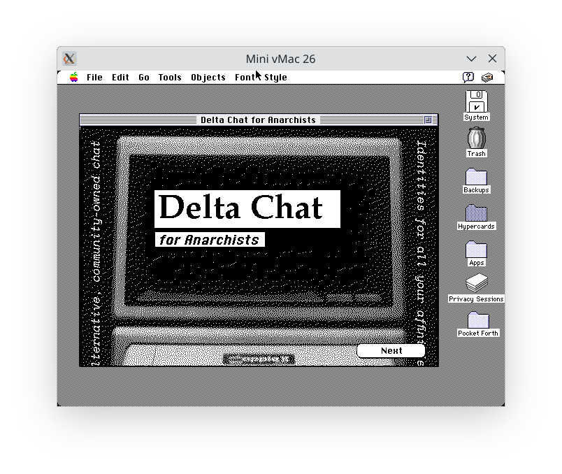 A screenshot of my presentation called Delta Chat for Anarchists.