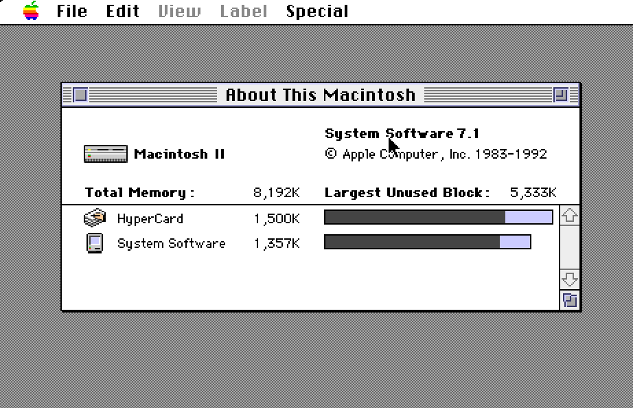 A screenshot of a window showing the amount of memory that HyperCard is taking. It's about 1.5MB of memory.