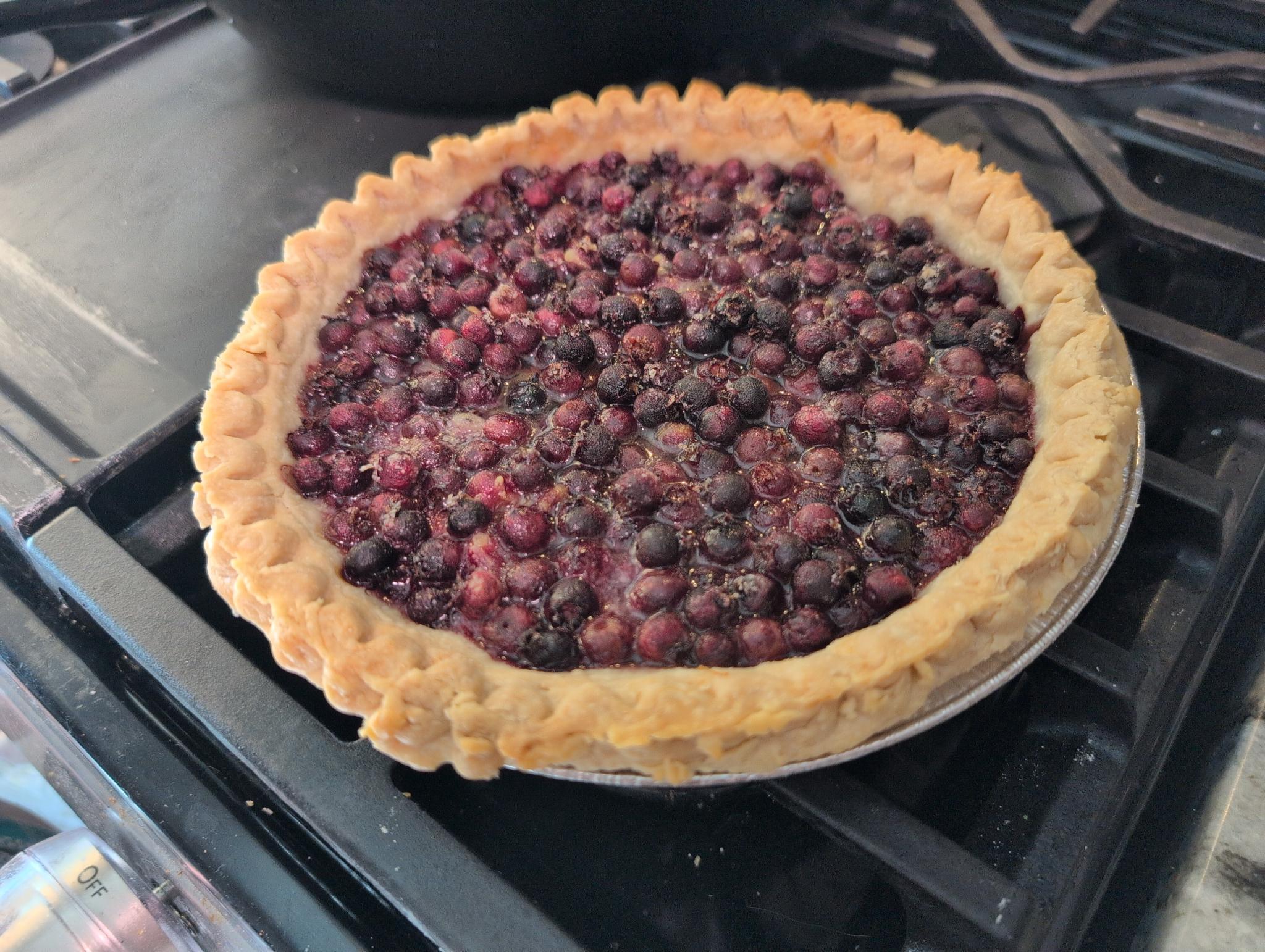 A freshly-baked juneberry pie sitting on the stove to cool off. You can clearly see the berries because the pie doesn't have a top crust.