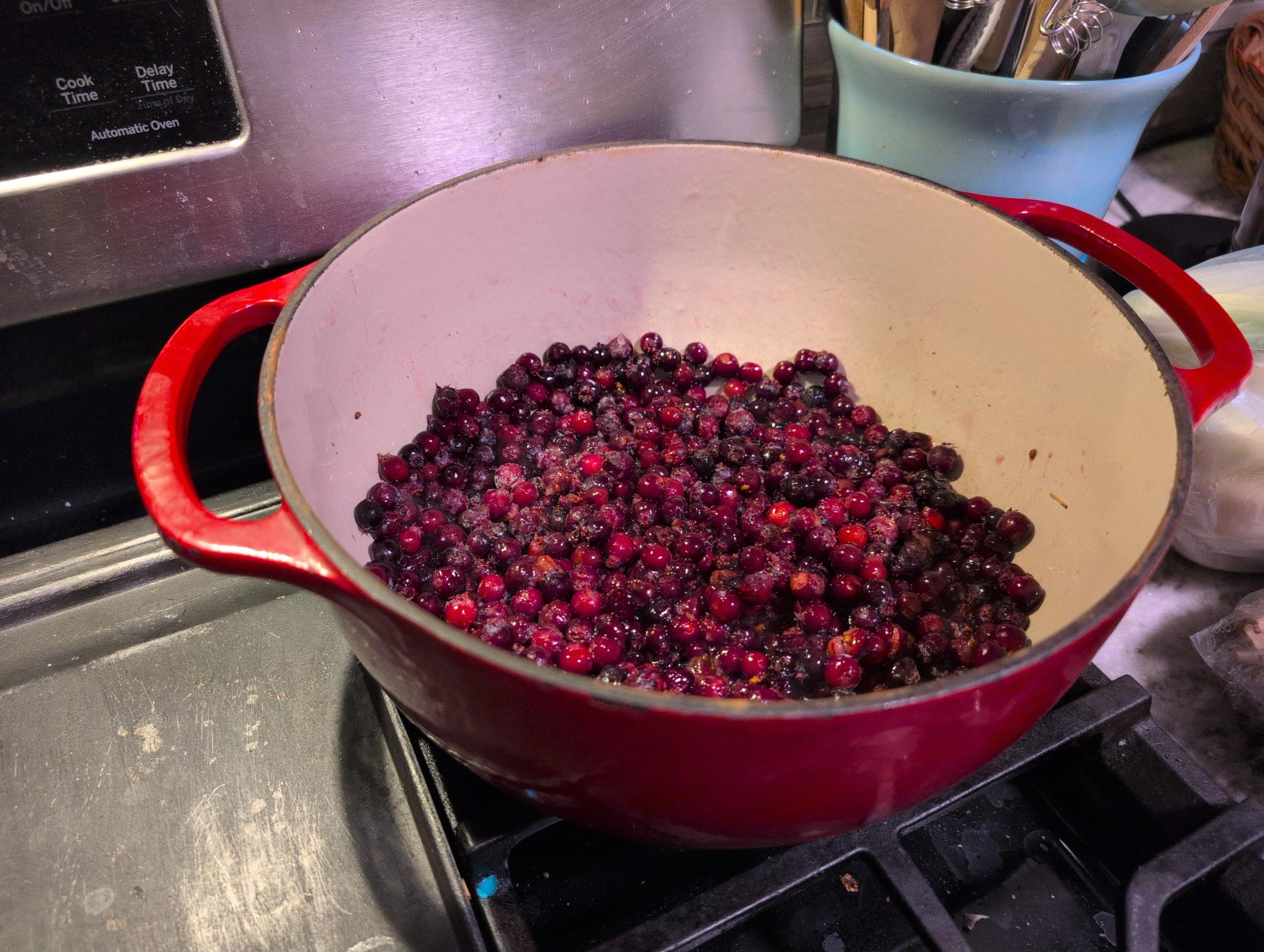 Frozen juneberries that are about to be cooked down into jam.