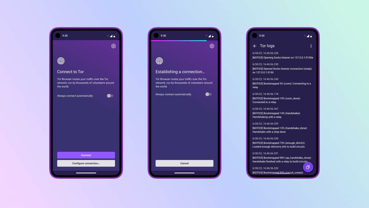 Mockups showing a screen that asks you if you want to connect to Tor and another screen showing the connection logs from Tor.