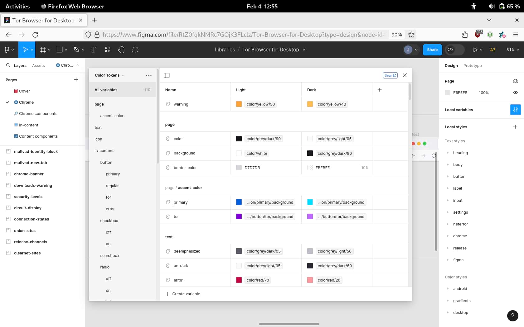 A screenshot of Figma showing a table of all the color variables for the different components like text and buttons