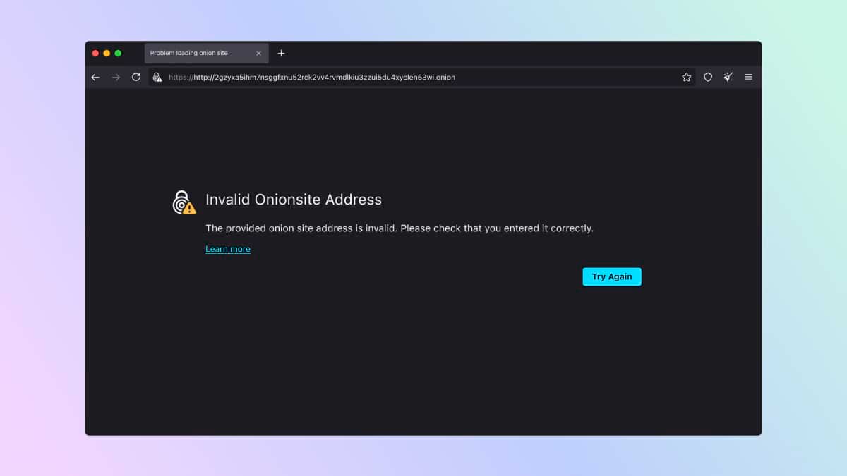 A mockup showing an error message for an invalid onion address.